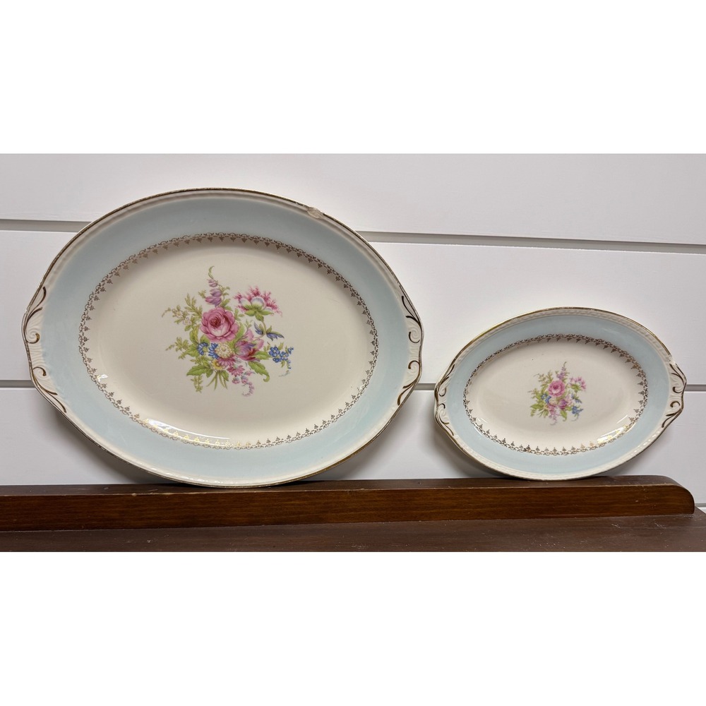 Vintage Floral Oval Serving Platter Set Blue Gold Gilt Scalloped Edge 2 Piece
